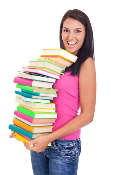 Menina estudante com muitos livros — Fotografia de Stock