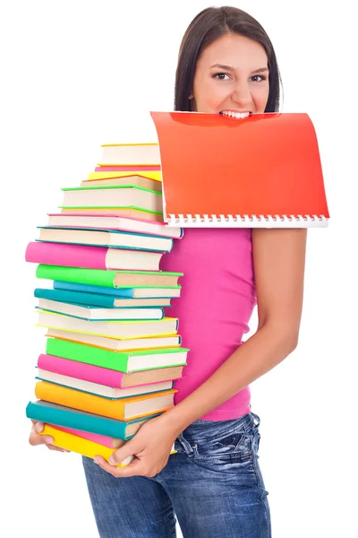 Estudiante con mucho libro en las manos —  Fotos de Stock