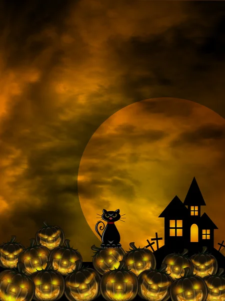 Halloween tallado calabaza parche gato luna cementerio —  Fotos de Stock
