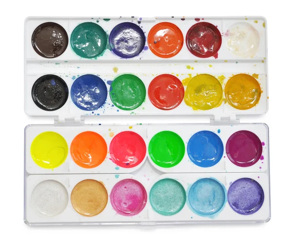 Closeup of messy, used water-color paint-box. — Stock Photo, Image