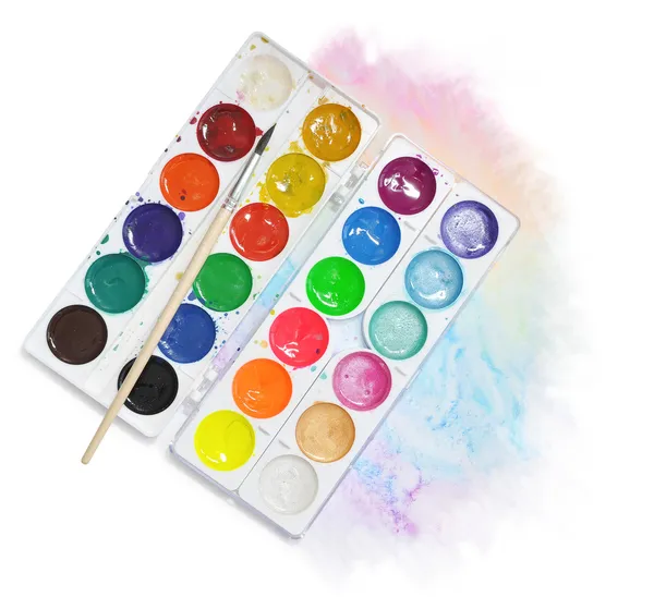 Water colors and brush — Stock Photo, Image