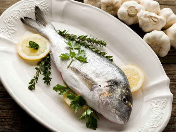 Gilthead over dish ready to cooking — Stock Photo, Image