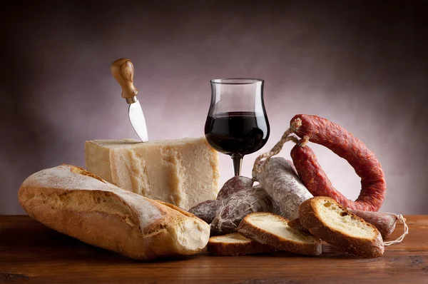Parmesan cheese salami bead and wine — Stock Photo, Image