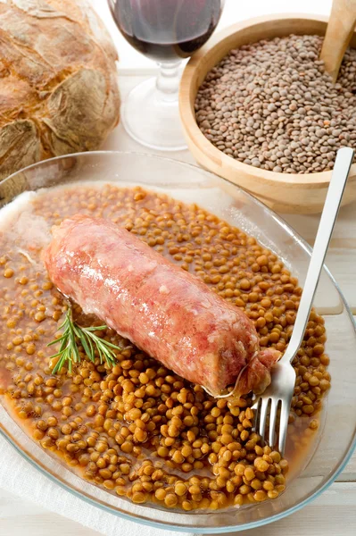Sausage with lentils — Stock Photo, Image