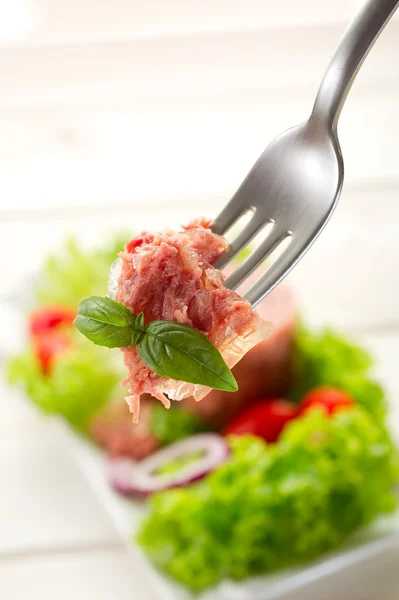 Konzervované maso se salátem — Stock fotografie