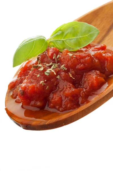 숟가락 위에 토마토 소스 — 스톡 사진