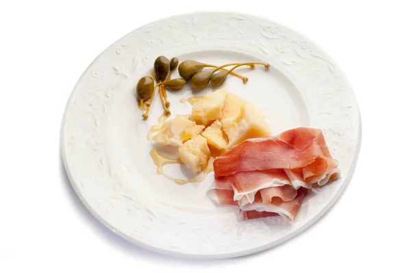 Zakąska parma ser miodu i szynką parmeńską — Zdjęcie stockowe