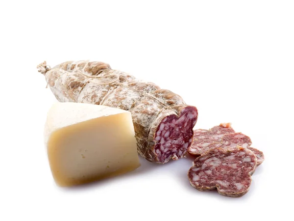 Italian salami and cheese on white — Stock Photo, Image