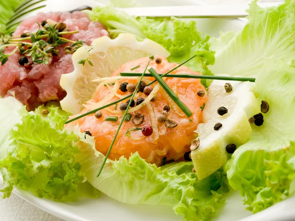 绿色沙拉三文鱼和金枪鱼鞑靼佐 — 图库照片