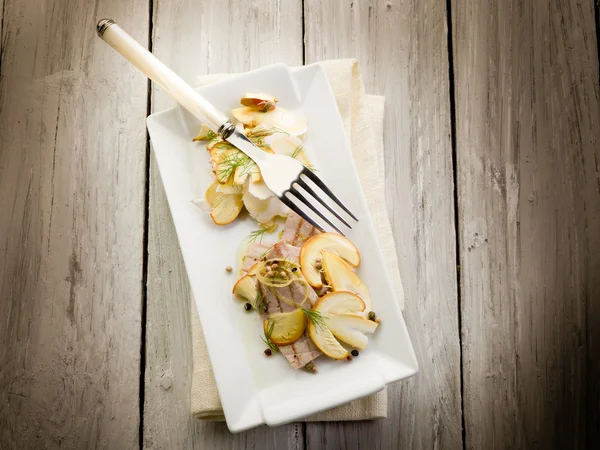 Tuna grilled with slice raw ovum mushroom salad — Stock Photo, Image
