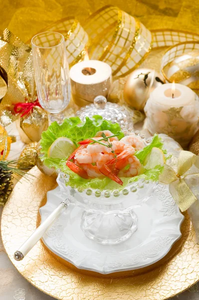 stock image Shrimp cocktail on golden table