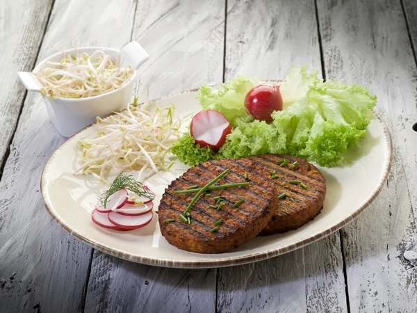 Vegetarian hamburger with soy sprout radish and salad — Stock Photo, Image