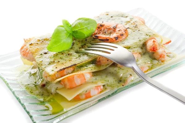 Lasagne with shrimp and pesto — Stock Photo, Image