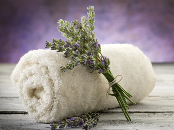 Towel with lavender, spa concept — Stock Photo, Image