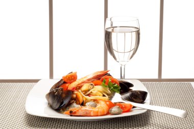 Spaghetti with mussel clam and shrimp clipart