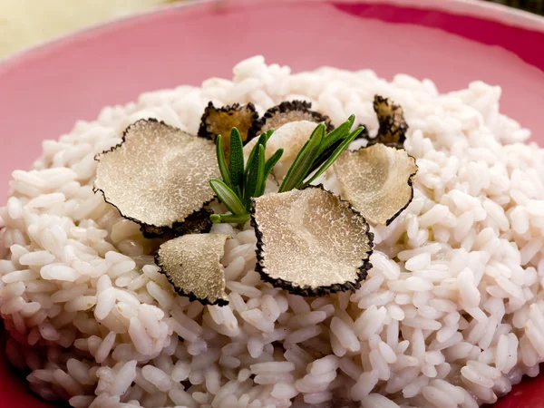 Rijst met truffel over rode schotel — Stockfoto