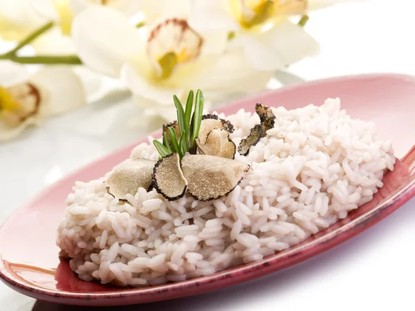 Rijst met truffel over rode schotel — Stockfoto