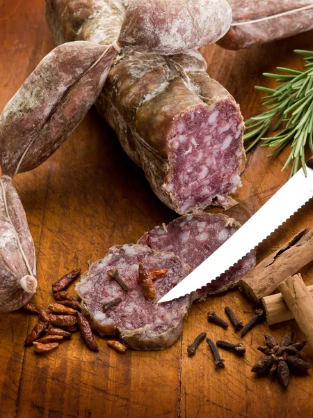 Rebanada salami, susage y especias sobre tabla de cortar —  Fotos de Stock