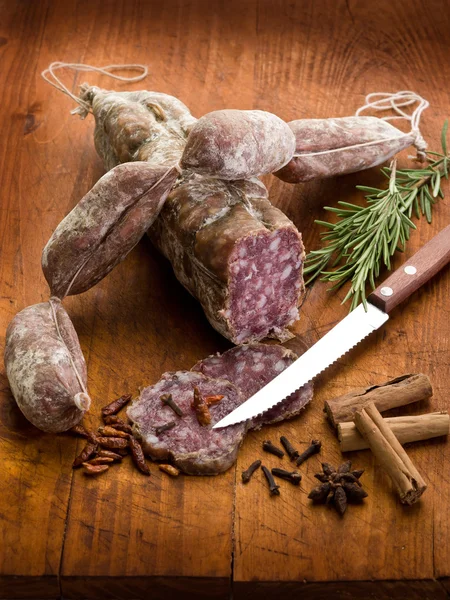 Slice salami, susage and spice over cutting board — Stock Photo, Image