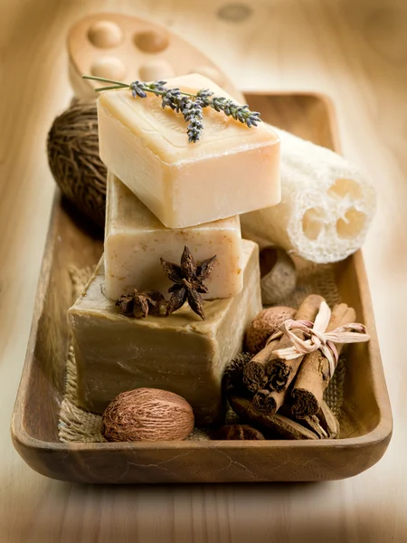 목욕 부속품을 가진 천연 향신료 비누 — 스톡 사진