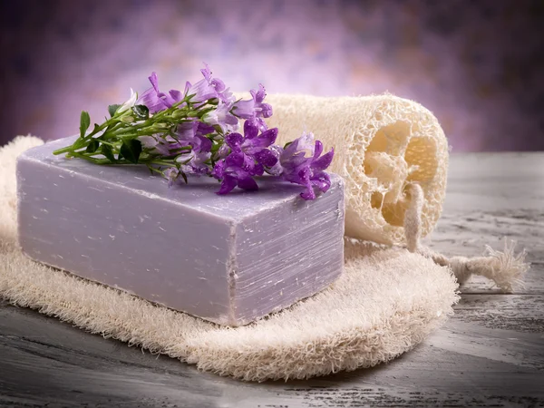 天然花肥皂与磨砂海绵水疗概念 — 图库照片