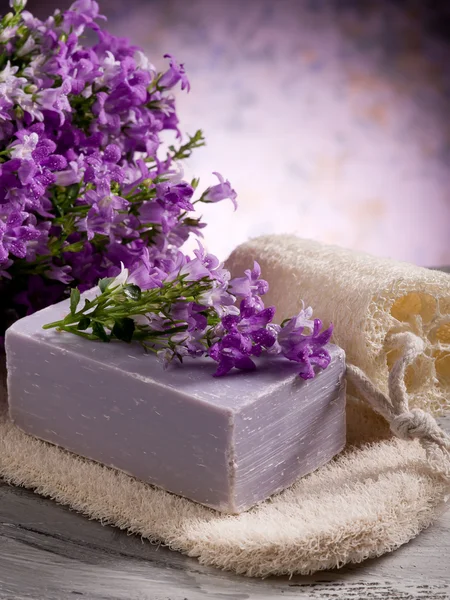 Φυσικό λουλούδι σαπούνι με Σφουγγάρι απολέπισης spa έννοια — Φωτογραφία Αρχείου