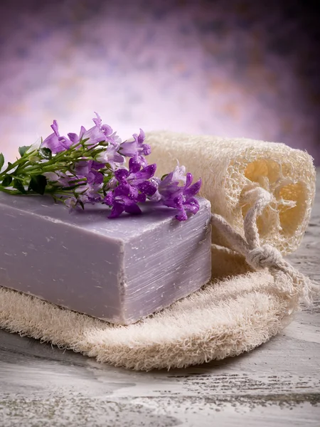 天然花肥皂与磨砂海绵水疗概念 — 图库照片
