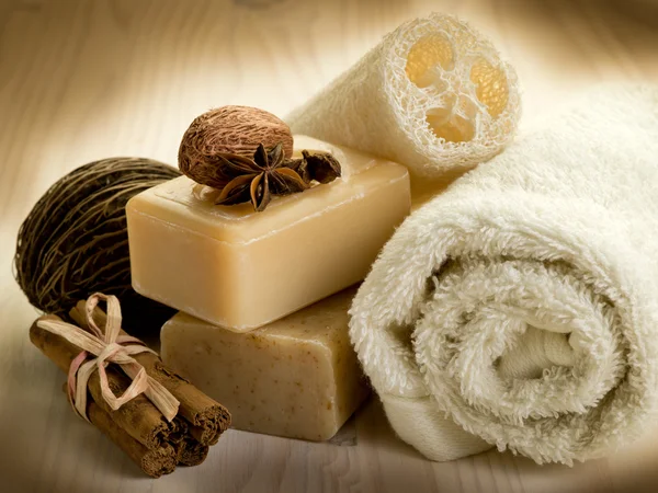 Przyprawy naturalne mydło z akcesoria łazienkowe — Zdjęcie stockowe
