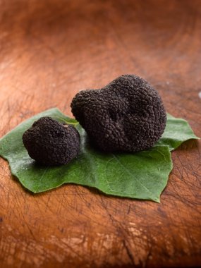 yaprak üzerinde ahşap arka plan üzerinde siyah truffle