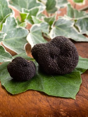 yaprak üzerinde ahşap arka plan üzerinde siyah truffle