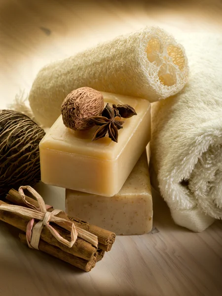 Natural spices soap with bath accessories — Stock Photo, Image