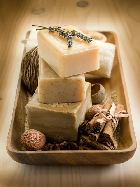 Natural spices soap with bath accessories — Stock Photo, Image