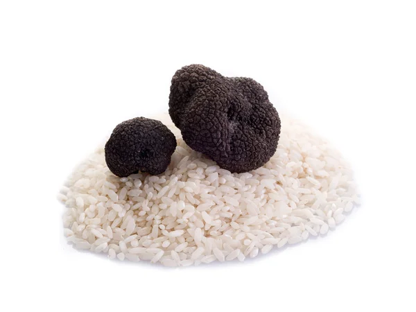 Trufa preta sobre arroz cru no fundo branco — Fotografia de Stock