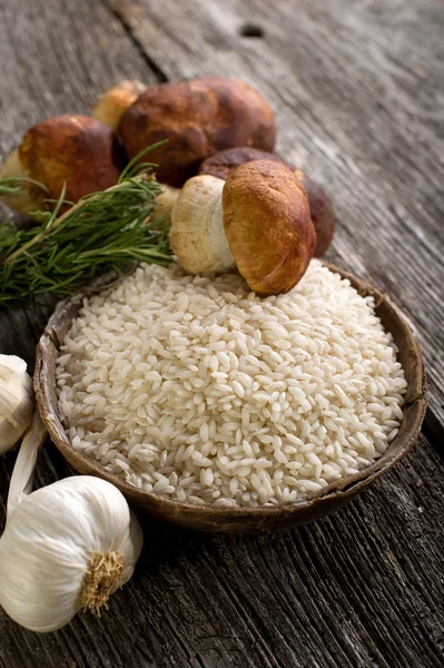 Roher Reis und Steinpilz — Stockfoto