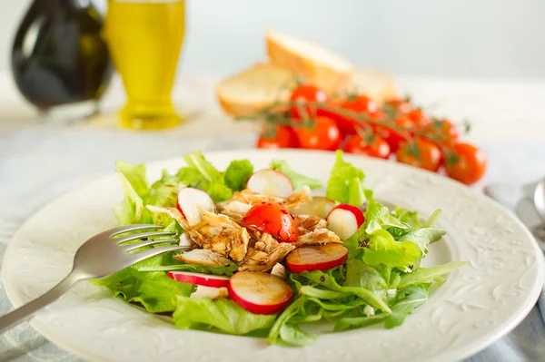 Green salad with chicken and radish — Stock Photo, Image