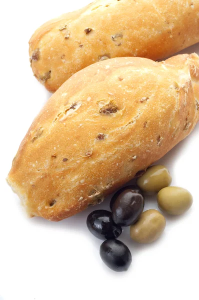 Bread with olives on white background — Stock Photo, Image