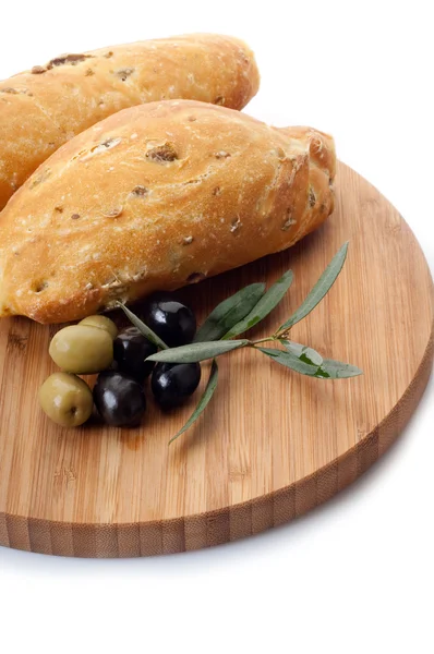 Bread with olives on white background — Stock Photo, Image