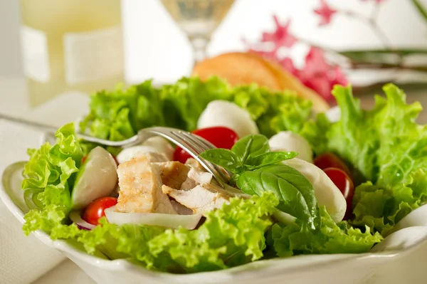 Karışık ızgara tavuk göğsü ve kiraz mozzarella salatası — Stok fotoğraf