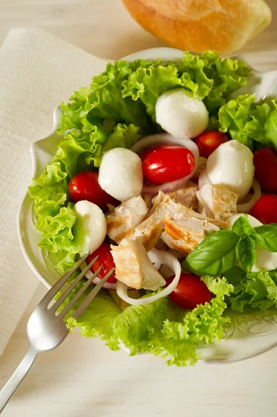 Salada mista com peito de frango grelhado e mussarela de cereja — Fotografia de Stock