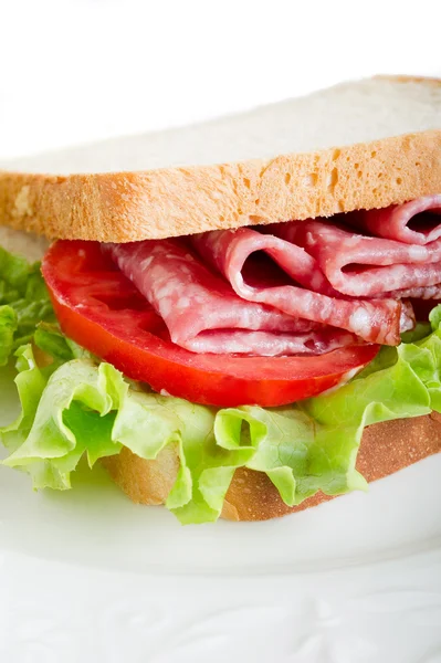 Sándwich con salami y lechuga — Foto de Stock