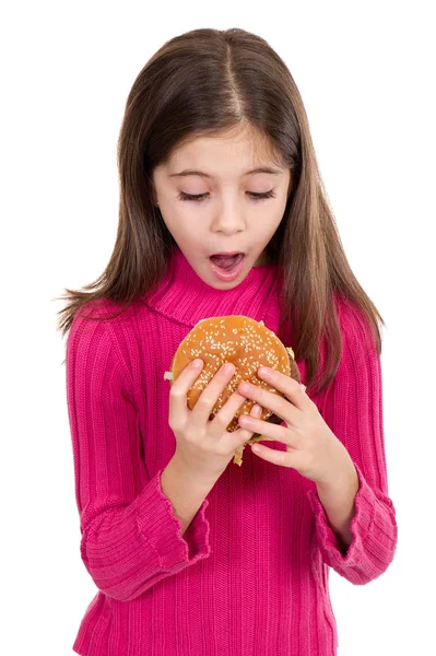 Sorpresa niña buscando hamburguesa —  Fotos de Stock