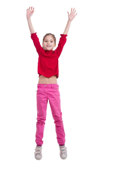 Littel girl jumping on white background — Stock Photo, Image