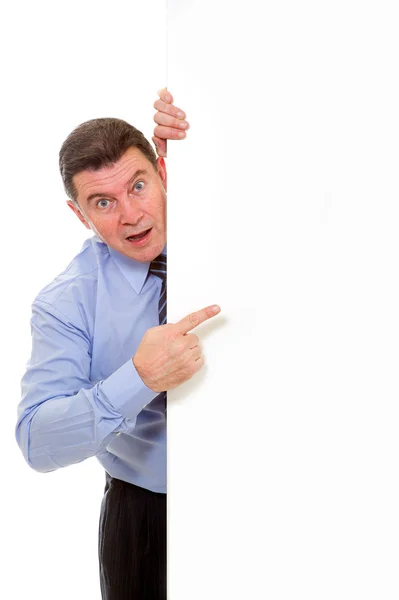 Mann mit Plakatwand auf weißem Hintergrund — Stockfoto