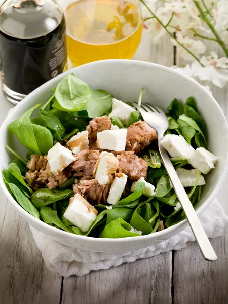 Mixed salad with fresh spinach tuna and feta cheese — Stock Photo, Image