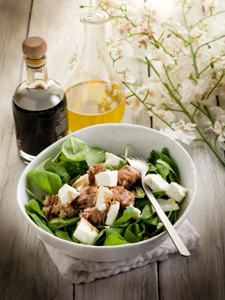 Blandet salat med frisk spinat tun og fetaost - Stock-foto