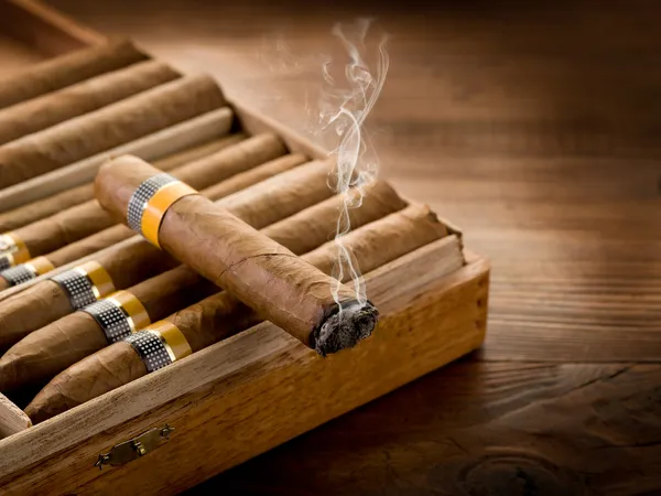 Smoking cuban cigar over box on wood background — Stock Photo, Image