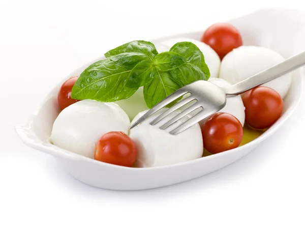 Buvolí mozzarella s bazalkou a rajčaty — Stock fotografie