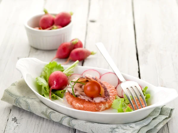 Oktopus-Carpaccio über Scheiben Grapefruit mit Rettich und Salat — Stockfoto