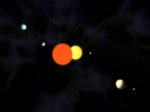 Sistema solar com uma estrela binária e quatro planetas — Fotografia de Stock