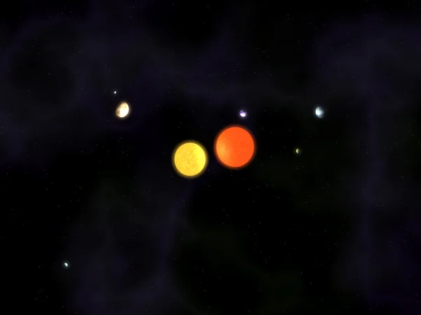 Sonnensystem mit einem Doppelstern und fünf Planeten — Stockfoto